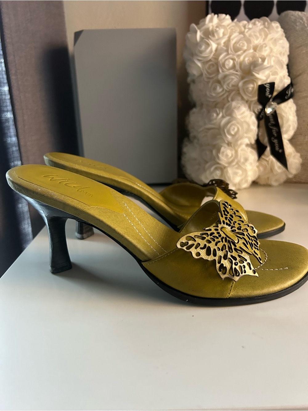 Wild Pair Olive Green Butterfly Kitten Heel Slide Sandals